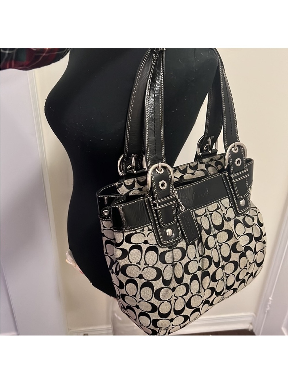 Coach Signature Leather Trim Handle Monogram Hand Satchel Bag